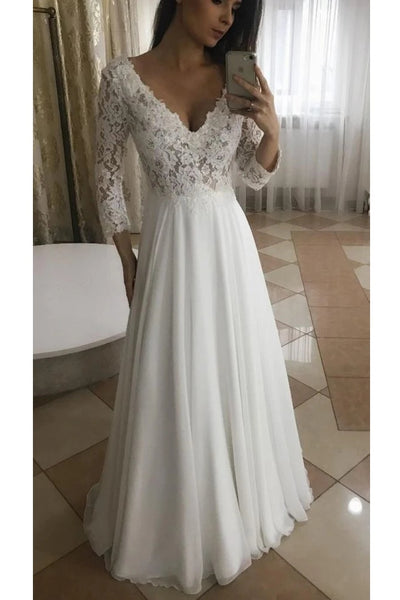 Long Bridal Gown A Line V Neck Chiffon Top Lace Wedding Dress VK0401005