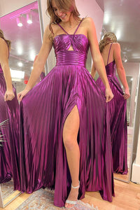 Magenta Spaghetti Straps Pleated A-Line Long Prom Dresses VK24011504