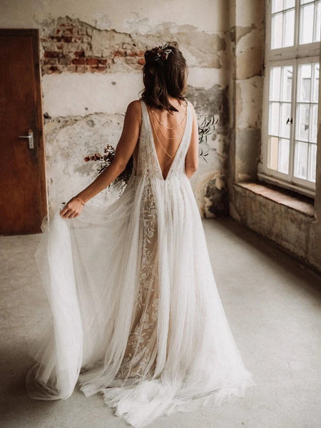 Boho V-neck Tulle Wedding Dresses A-line Backless Bridal Gowns VK0211003