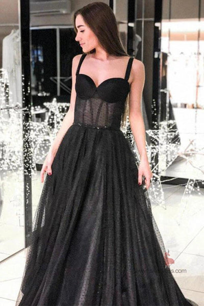 Black A-line Sleeveless Spaghetti Straps Long Prom Dresses, Evening Dresses VK0801008