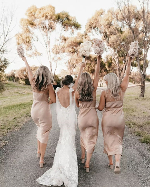 Sheath Cowl Neck Champagne Silk Satin Bridesmaid Dresses VK220121605