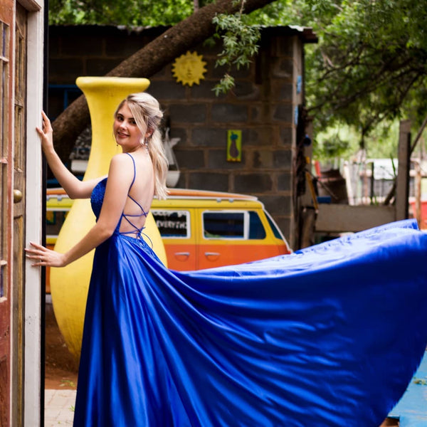 Charming A-Line Sweetheart Royal Blue Satin Long Prom Dresses with Lace Appliques VK22022301