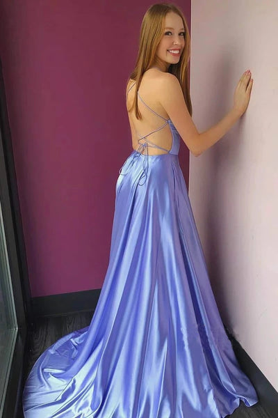 A line Lilac Satin V Neck Spaghetti Straps Split Prom Dresses with Pockets, Dance Dress VK0626001
