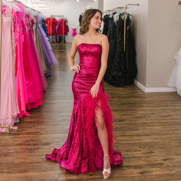 Cute Mermaid Strapless Fuchsia Sequins Prom Dresses with Feather VK122902