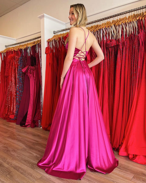 Cute A Line V Neck Fuchsia Satin Long Prom Dresses VK23051001