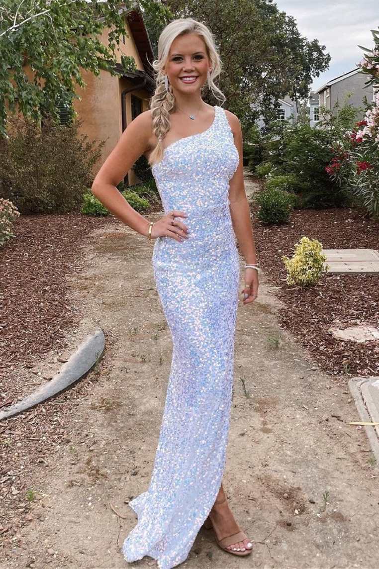 One Shoulder Mermaid White Velvet Sequins Prom Dresses with Slit VK22031202