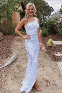 One Shoulder Mermaid White Velvet Sequins Prom Dresses with Slit VK22031202