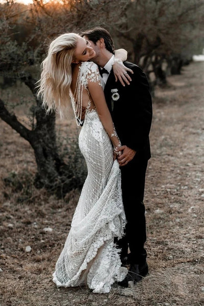 Mermaid Long Sleeves Floral Lace Wedding Dress with Sweep Train VK0129002