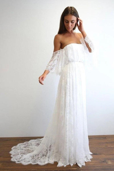 Free Shipping Beach Wedding Dresses Half Sleeve Off the Shoulder Lace Simple Boho Bridal Gowns VK0120005