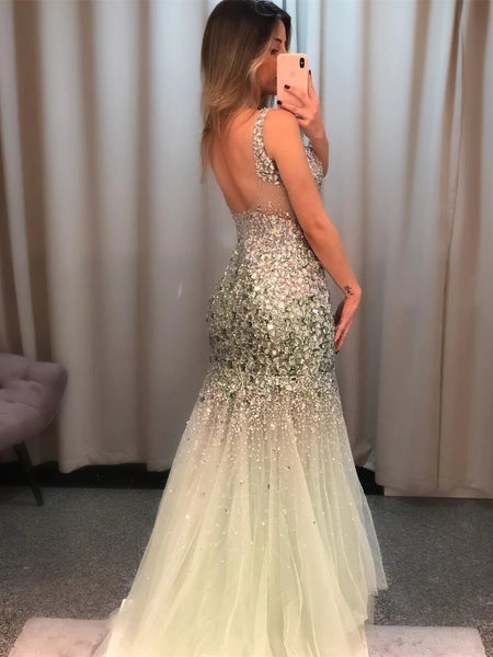 Free Shipping Shining Tulle Prom Dresses Mermaid Evenig Gowns With Rhinestone Evening Dresses VK0119017