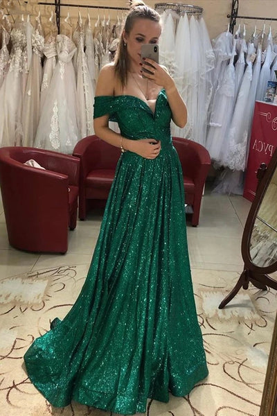 Off Shoulder Bling Bling Green Sequins Long Prom Dress, Off the Shoulder Green Formal Dress, Shiny Green Evening Dress VK0810003