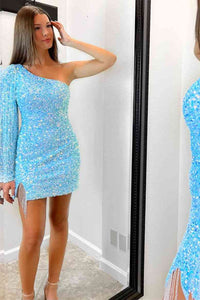Sparkly Bodycon Light Blue Long Sleeve Sequins Homecoming Dresses with Beading VK072703
