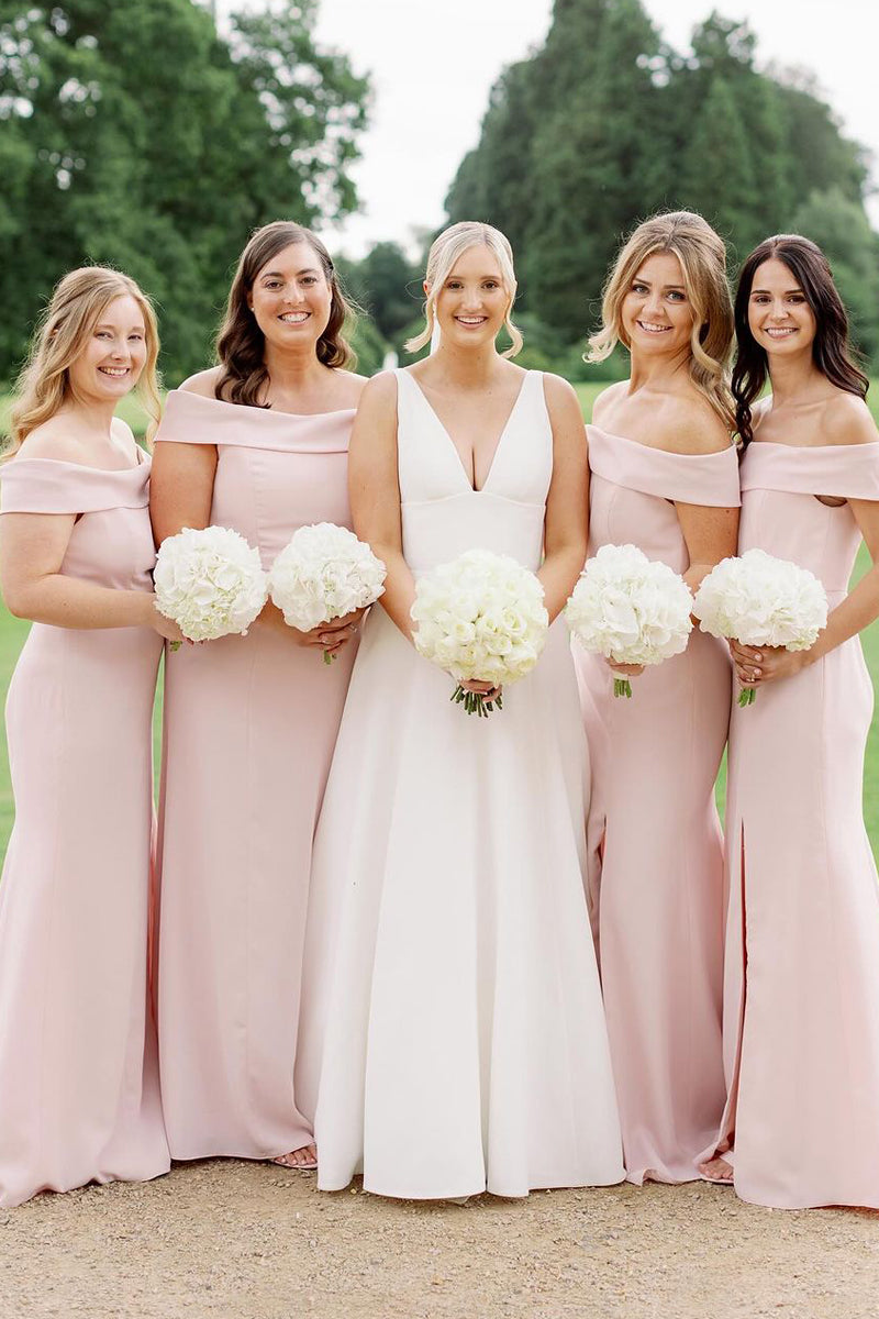 Simple Mermaid Off the Shoulder Light Pink Long Bridesmaid Dresses VK23112501