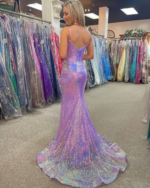 Cute Mermaid V Neck Pink Sequins Prom Dresses VK121102