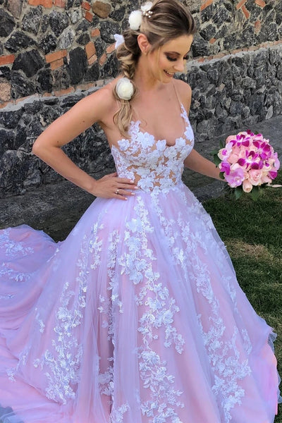 Princess A-line Spaghetti Strap Pink Tulle Wedding Dress with Lace VK0318017