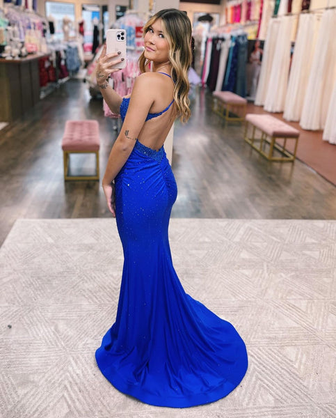 Cute Mermaid Scoop Neck Royal Blue Satin Prom Dresses with Beading VK120805