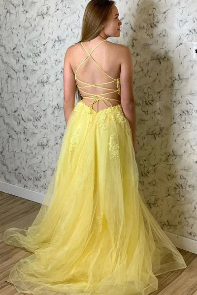 Yellow A-line Spaghetti Straps Lace Up Prom Dress With Lace Appliques VK0801009