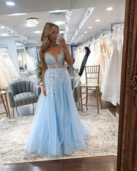 Cute A Line V Neck Light Blue Tulle Prom Dresses with Beading Appliques VK23010804