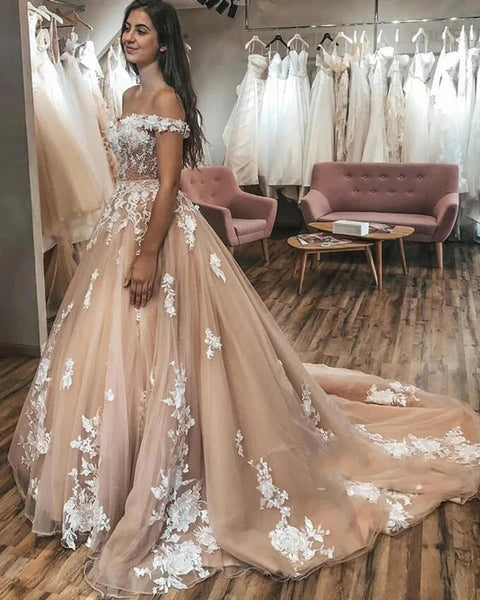 Off Shoulder Gold Wedding Dresses Ball Gown evening Dresses Lace Bridal Dress VK0125002