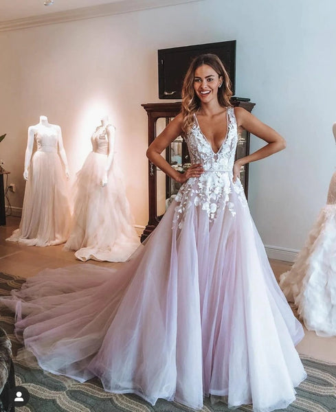 Elegant A-Line V Neck Pink Tulle Wedding Dresses Lace Bridal Gowns 2021 vestidos VK0125009