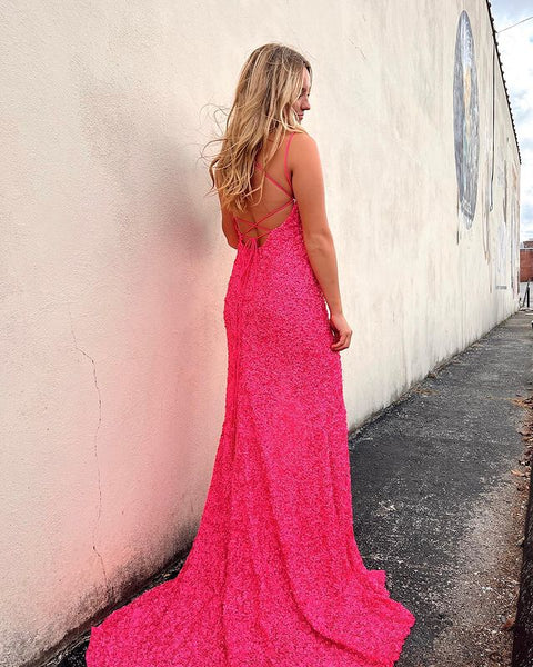 Sparkly Mermaid Hot Pink Sequins Prom Dresses with Slit for 2022 VK22022102