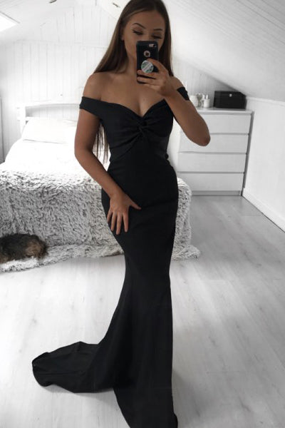 Mermaid Off-the-Shoulder Open Back Black Satin Ruched Long Prom Evening Dress VK0301005