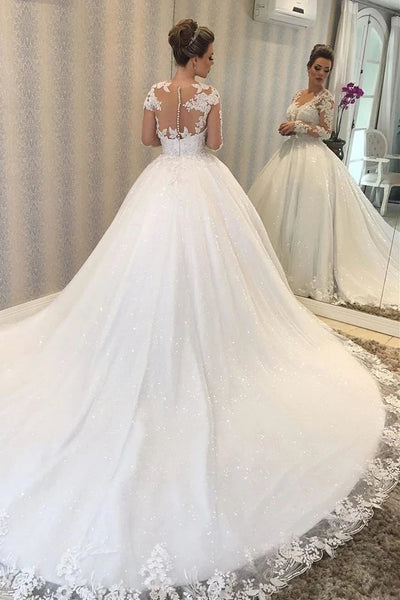Princess Long Sleeves Sheer Back White Wedding Dress with Lace VK0318008