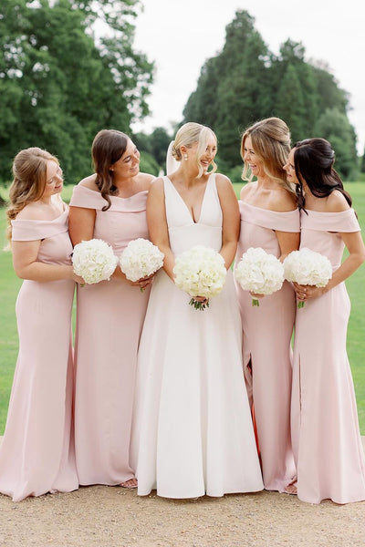 Simple Mermaid Off the Shoulder Light Pink Long Bridesmaid Dresses VK23112501