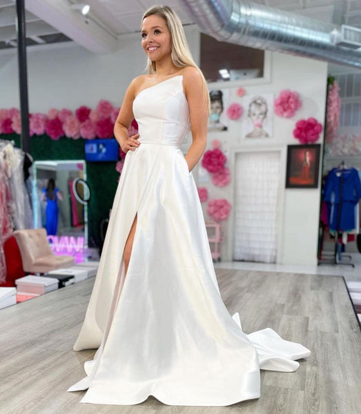 Beautiful A-Line Strapless Royal Blue Satin Long Prom Dresses with Pockets VK22022304