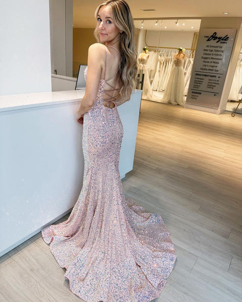 Cute Mermaid V Neck Blush Pink Velvet Sequins Prom Dresses with Lace-up Back VK121104