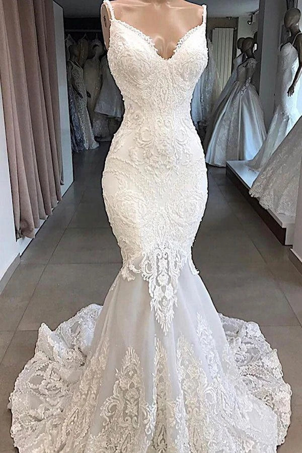 Charming Spaghetti Straps Lace Appliques Tulle Mermaid Wedding Dresses VK0129003