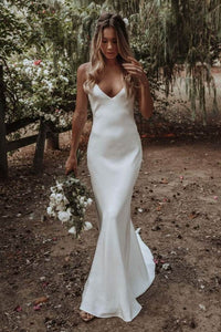 Elegant Mermaid V-Neck Cross Back White Soft Satin Wedding Dress VK0316006