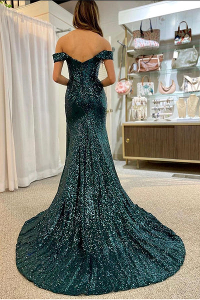 Sparkly Mermaid Off the Shoulder Dark Green Sequins Long Prom Evening Dresses VK23082402