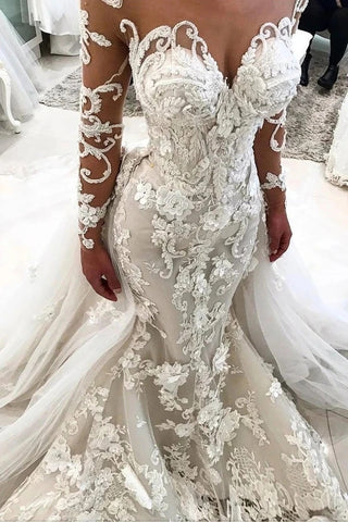 Mermaid Detachable Train Long Sleeves Scoop Wedding Dresses With Applique VK0623001