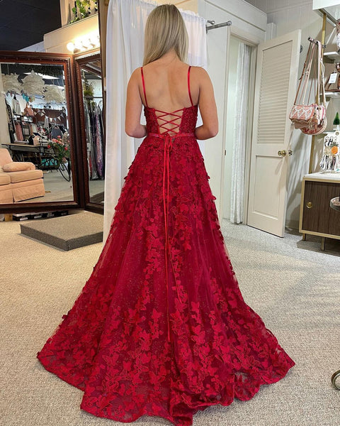 Cute A Line Scoop Neck Red Lace Prom Dresses with Beading VK122204