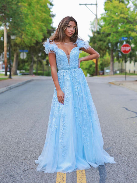 Charming A Line Off the Shoulder Light Blue Long Prom Dresses VK113003
