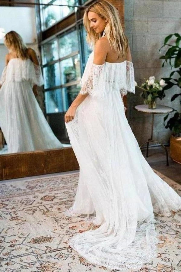 Free Shipping Beach Wedding Dresses Half Sleeve Off the Shoulder Lace Simple Boho Bridal Gowns VK0120005