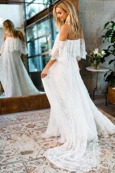 Free Shipping Beach Wedding Dresses Half Sleeve Off the Shoulder Lace Simple Boho Bridal Gowns VK0120005