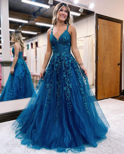 Cute A Line V Neck Teal Tulle Prom Dresses with Lace VK121505