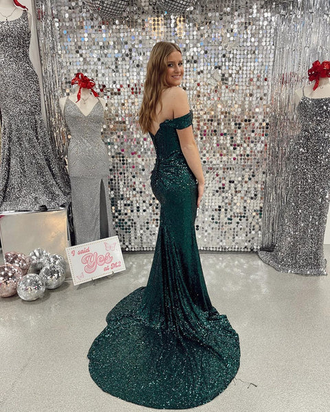 Charming Mermaid Off the Shoulder Dark Green Sequins Prom Dresses VK122201