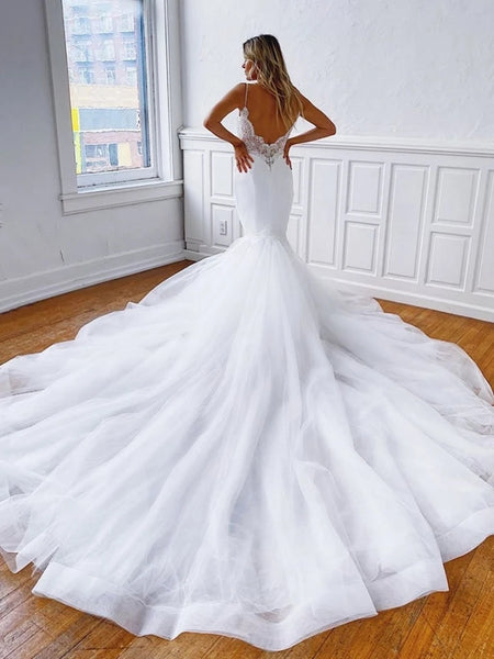 Mermaid Spaghetti Straps Tulle Lace Wedding Dresses with Train VK0529005