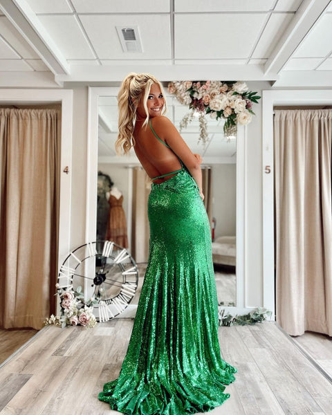 Cute Sparkly Mermaid V Neck Green Sequins Prom Dresses with Appliques VK23010603