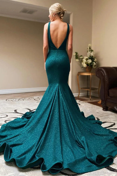 Dark Teal V-Neck Mermaid Long Prom Evening Dress with Slit VK0323003