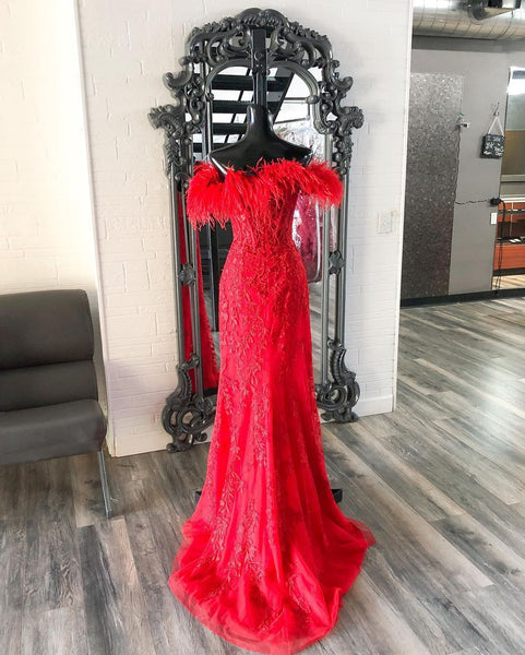 Cute Mermaid Off the Shoulder Red Lace Long Prom Dresses with Slit VK120302
