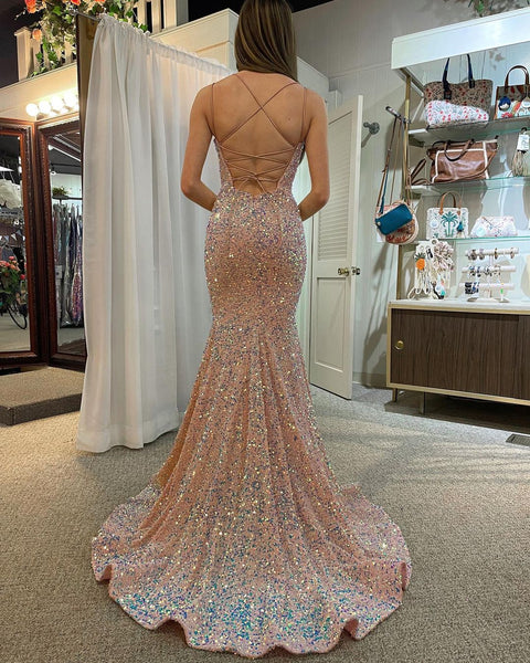 Cute Mermaid V Neck Blush Sequins Long Prom Dresses VK23012903