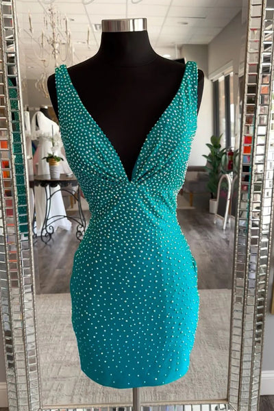 Sparkly Black Beaded V-Neck Backless Tight Short Homecoming Dress VK23081802