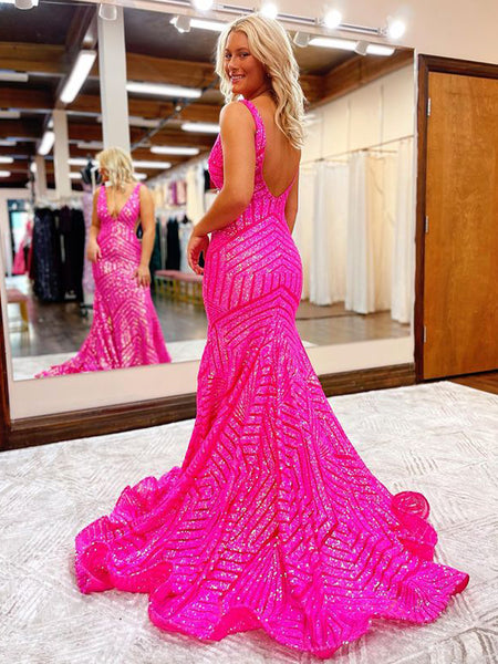 Stunning Hot Pink Mermaid V Neck Sequins Prom Dresses VK22021901