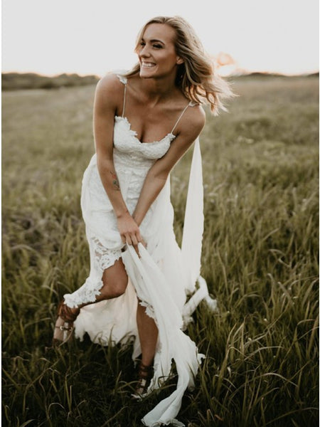 Gorgeous A-Line Spaghetti Straps Backless Hi-Low White Lace Wedding Dress VK011009