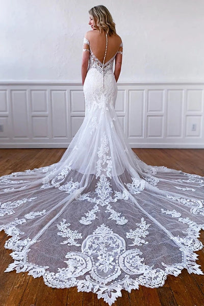 Mermaid Short Sleeves Long White Lace Wedding Bridal Dress VK0316004