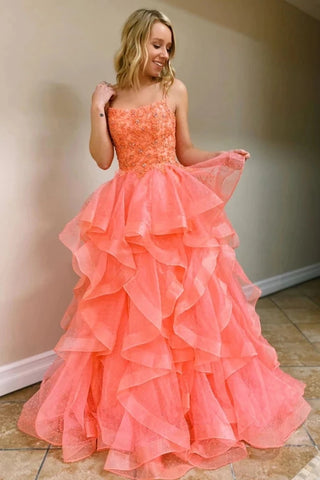 Coral Backless Tulle Beaded Long Prom Gowns, Spaghetti Straps Layers Prom Dress VK0125017